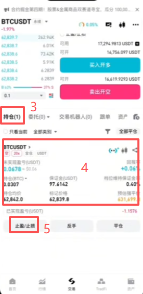做空比特币、查看持仓和平仓操作页面