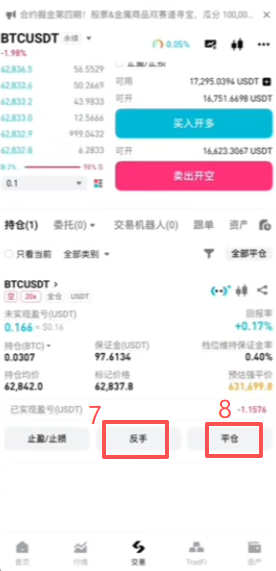 做空比特币、查看持仓和平仓操作页面