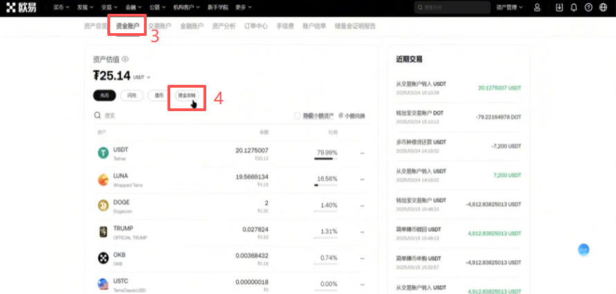 欧易资产管理页资金账户和交易账户界面