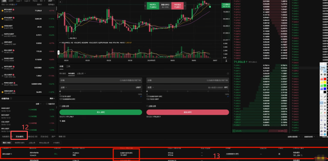 欧易币币交易BTC/USDT下单界面