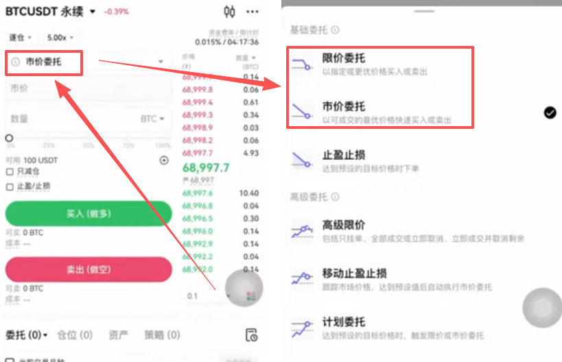 欧易合约开单委托方式选择界面