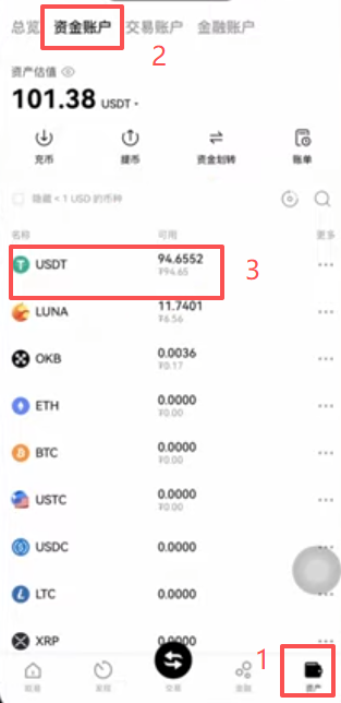欧易资产页资金账户USDT余额显示界面