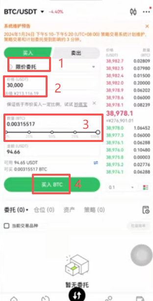限价买入操作页面