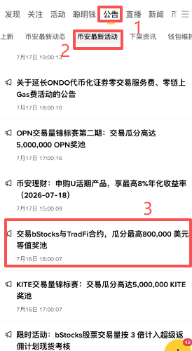 币安公告中心Bstocks活动列表页面