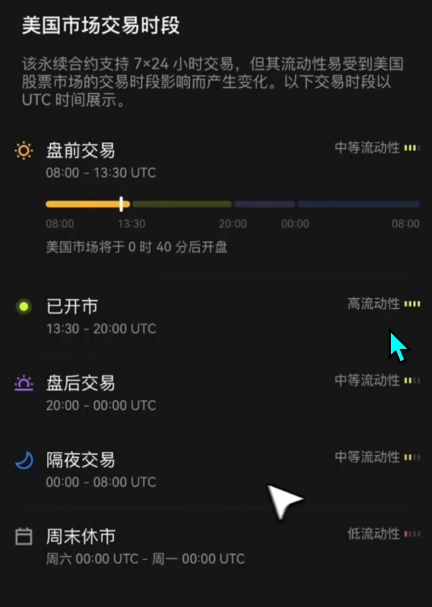OKX美股合约K线图下方隔夜交易提示