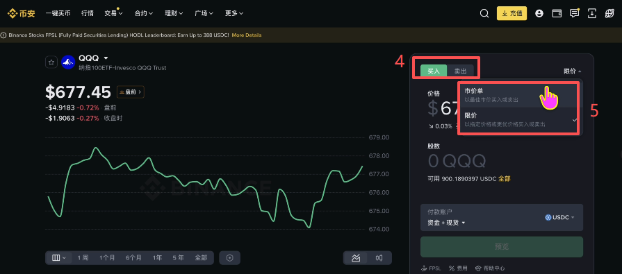 币安交易所股票板块搜索QQQ界面