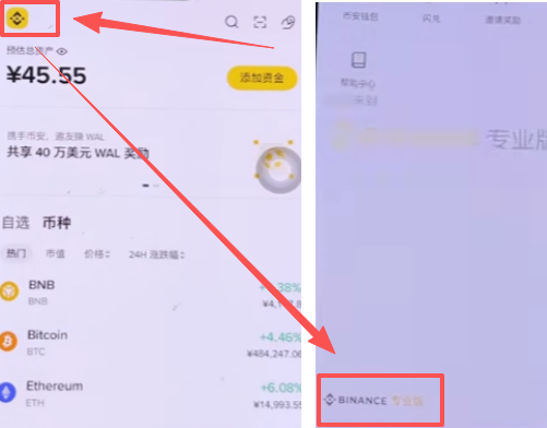 币安APP切换专业版的设置入口