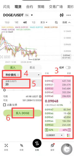 市价买入狗狗币操作页面