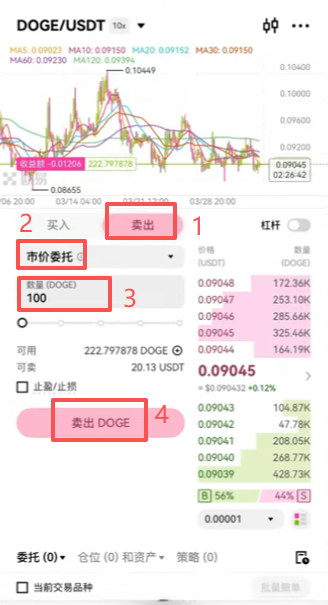 欧易现货卖出DOGE操作界面