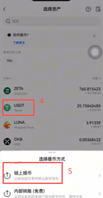 欧易提币填写地址和网络选择界面