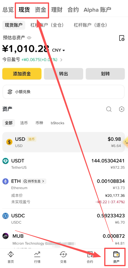 币安资产页面现货与资金账户余额展示