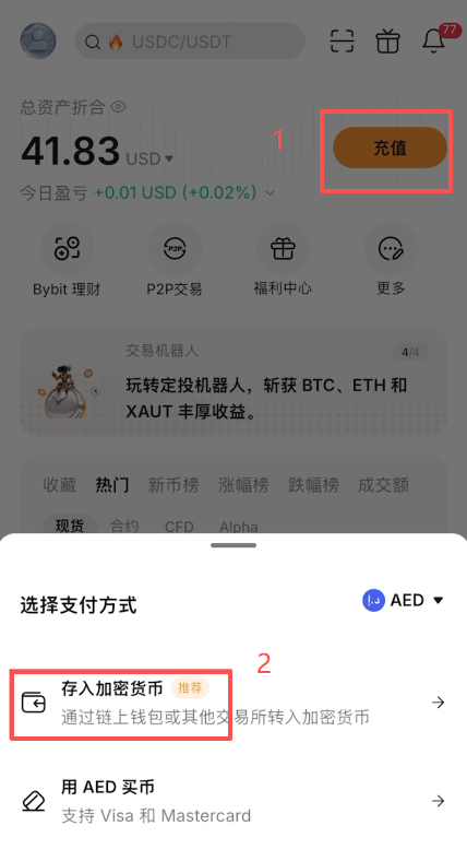 Bybit首页点击充值按钮界面