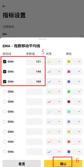 币安SNDKB K线图加载EMA三条线界面