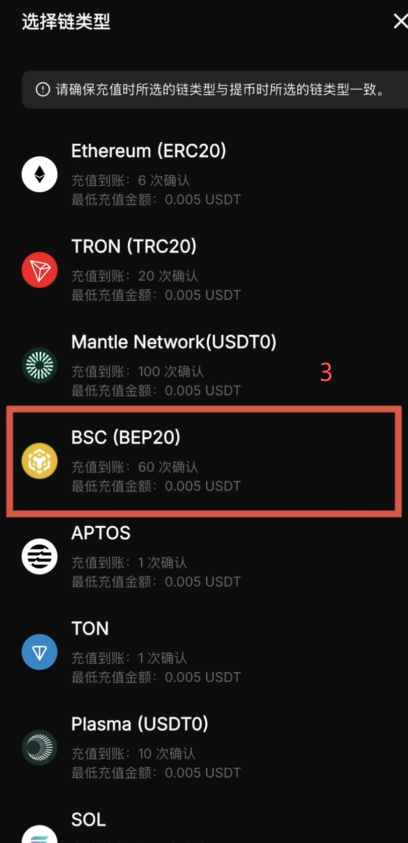 币安提现USDT选择BSC链输入地址界面