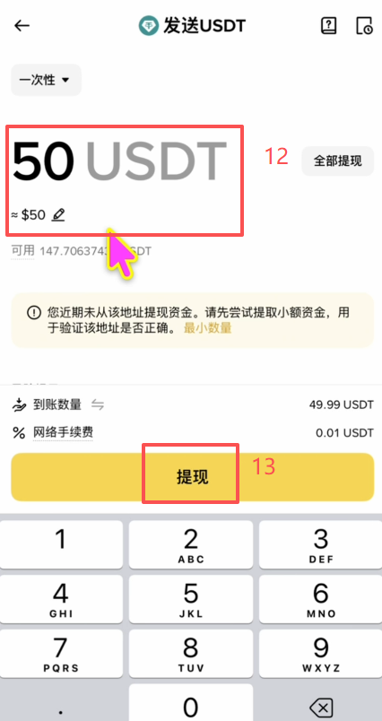币安提现USDT选择BSC链输入地址界面