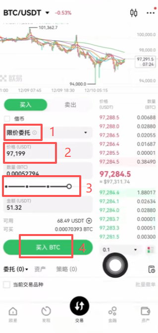 欧易现货交易BTC/USDT限价委托下单界面