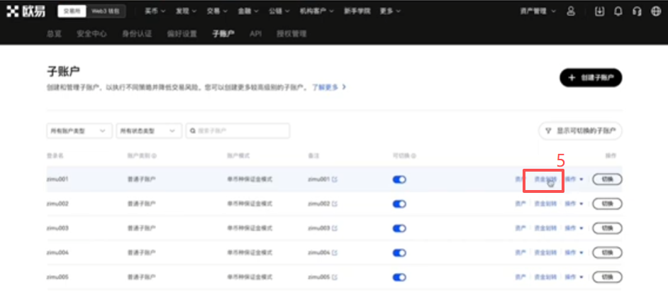 欧易主账户与子账户资金划转界面