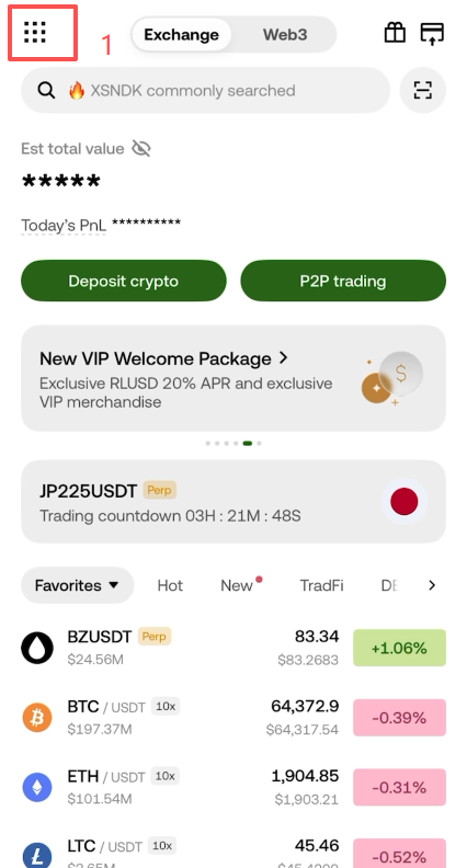 欧易App首页左上角点阵入口