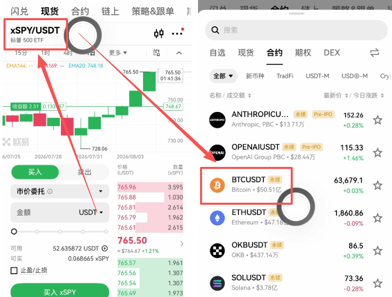 OKX合约页面选择BTC币种界面
