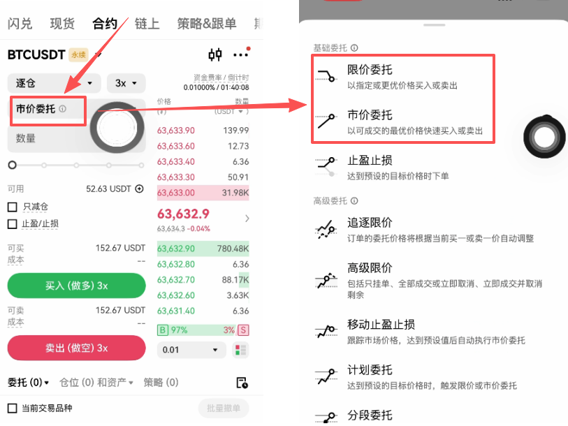 OKX合约限价与市价委托切换选项