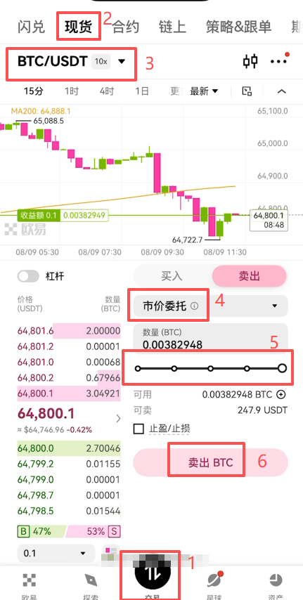 欧易现货BTC/USDT卖出比特币确认界面