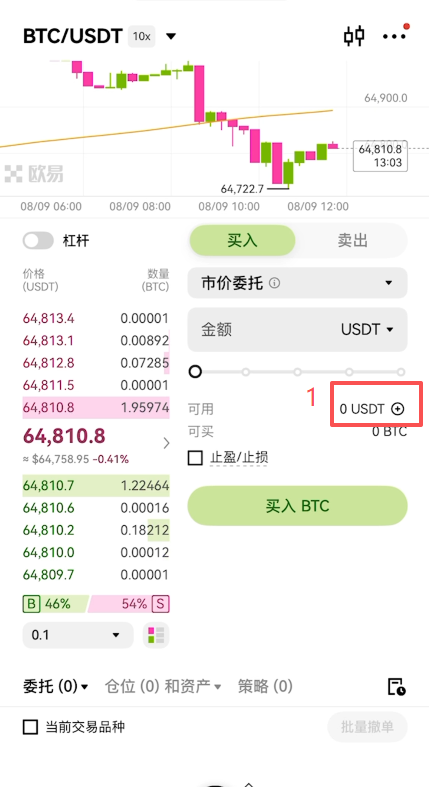现货交易页面资金划转弹窗界面