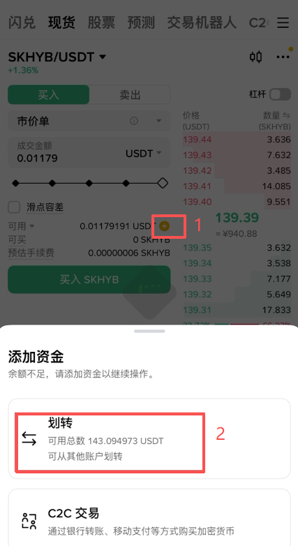 点击「+」号弹出划转到现货账户的操作界面