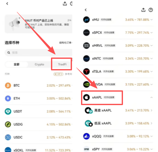 双币赢页面选择TradFi标签的界面