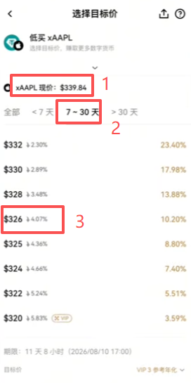 点击苹果低买后的目标价选择界面
