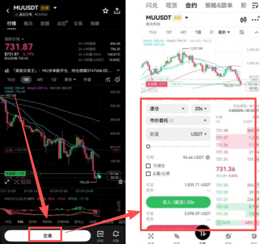 “交易”按钮进入开仓页面