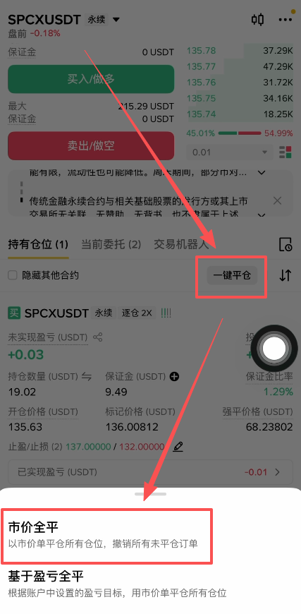 仓位列表一键平仓确认弹窗