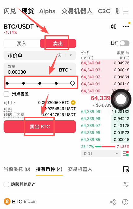 现货交易页面卖出BTC操作界面