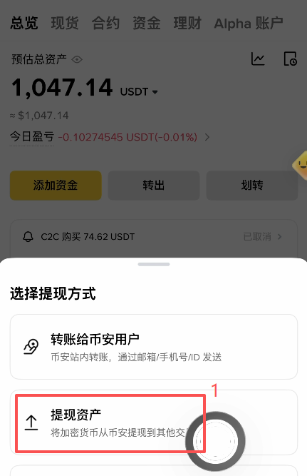 提现币种选择USDT界面