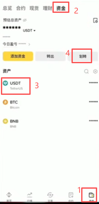币安资产页面资金账户和交易账户划转界面