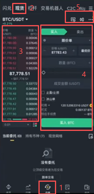 币安现货交易界面K线图和买卖盘口