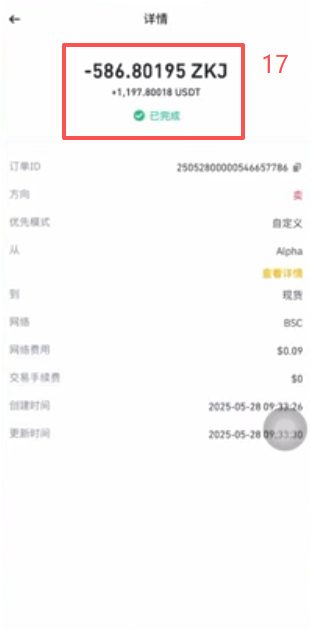 币安Alpha选择BSC链ZKJ交易界面