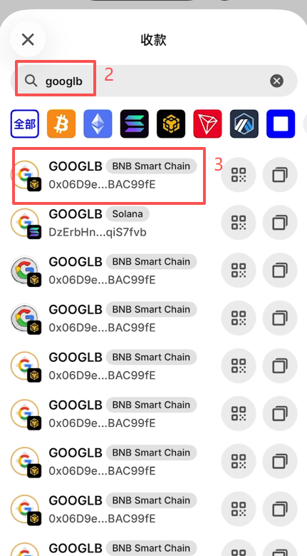 Trust Wallet搜索GOOGLB选择币安链界面