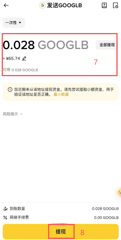 币安提现选择GOOGLB币种和粘贴地址界面