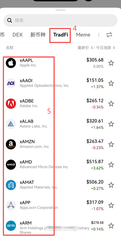 欧易现货交易币对列表Tradfi分类入口