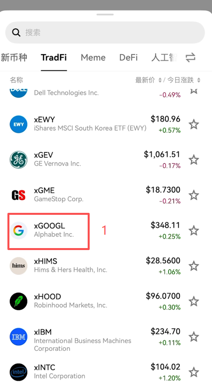 TradFi分类下XGOOGL/USDT交易对列表界面