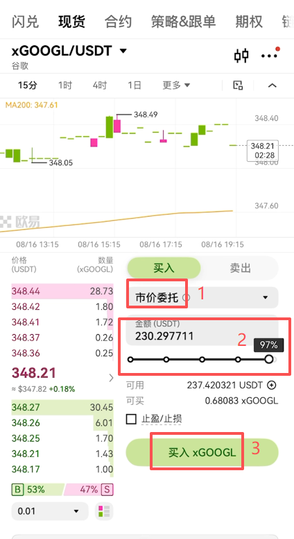 市价买入XGOOGL操作页面
