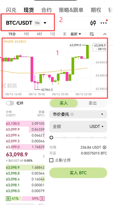 欧易现货页面左上角币对选择界面