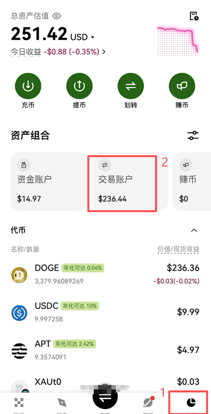欧易资产页面交易账户DOGE持仓展示