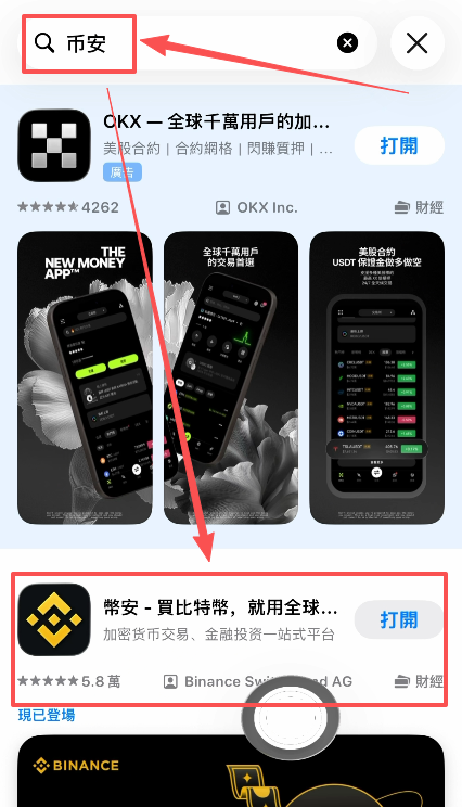 App Store搜索币安显示的结果列表