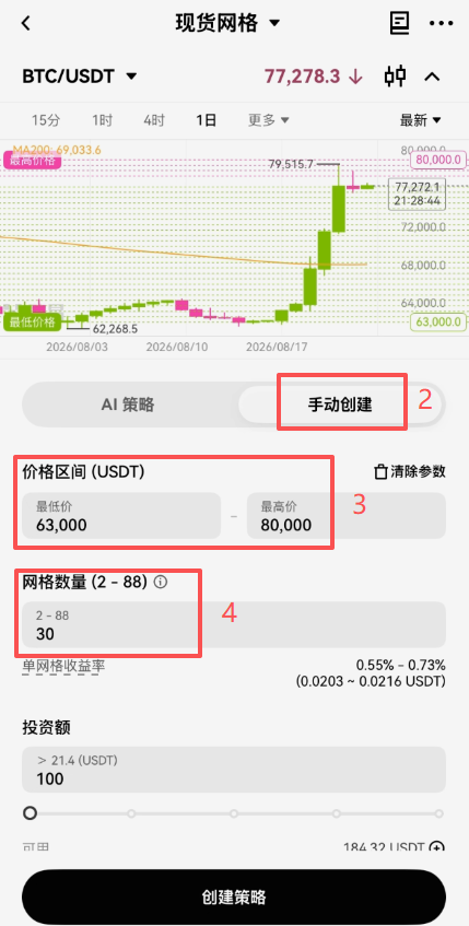 现货网格手动创建页面参数设置界面