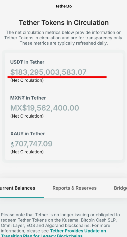Tether官网各链USDT发行量数据页面