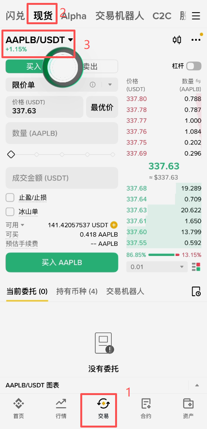 币安现货Bstocks分区AMDB交易界面
