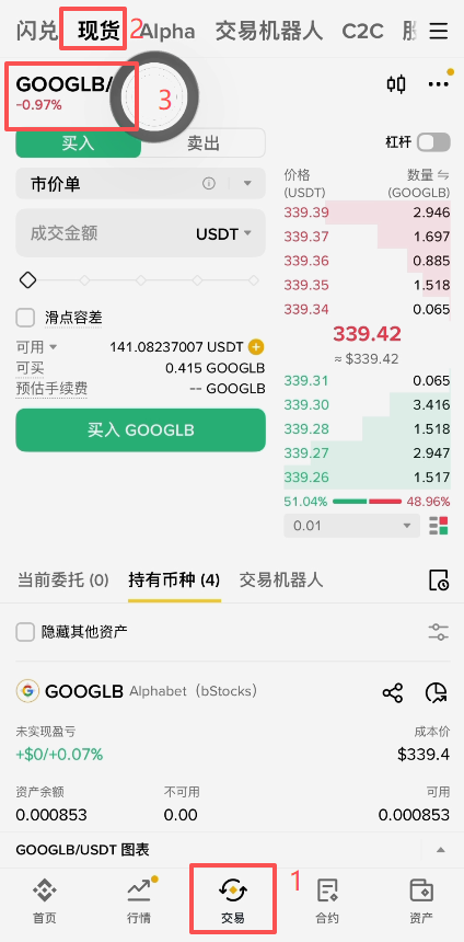 币安现货交易页面选择Bstocks品种界面
