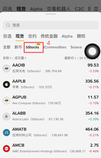 币安现货Bstocks搜索MUB交易界面