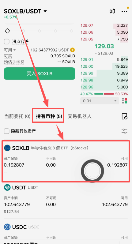 币安现货页面下方持有币种中SOXLB显示界面